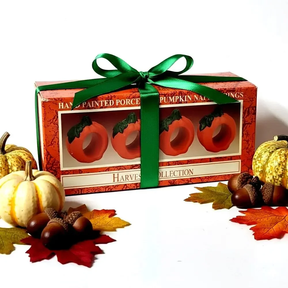 Vintage 1990s Hand-Painted Pumpkin Napkin Rings (Set of 4) w/ Box